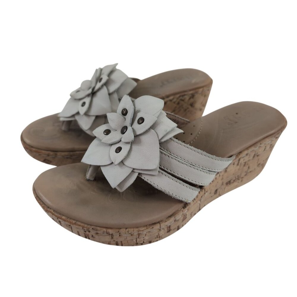 Born Sandal Womens 6 Beige Wedge Platform Slip‎ On Cork Flower Boho Chic